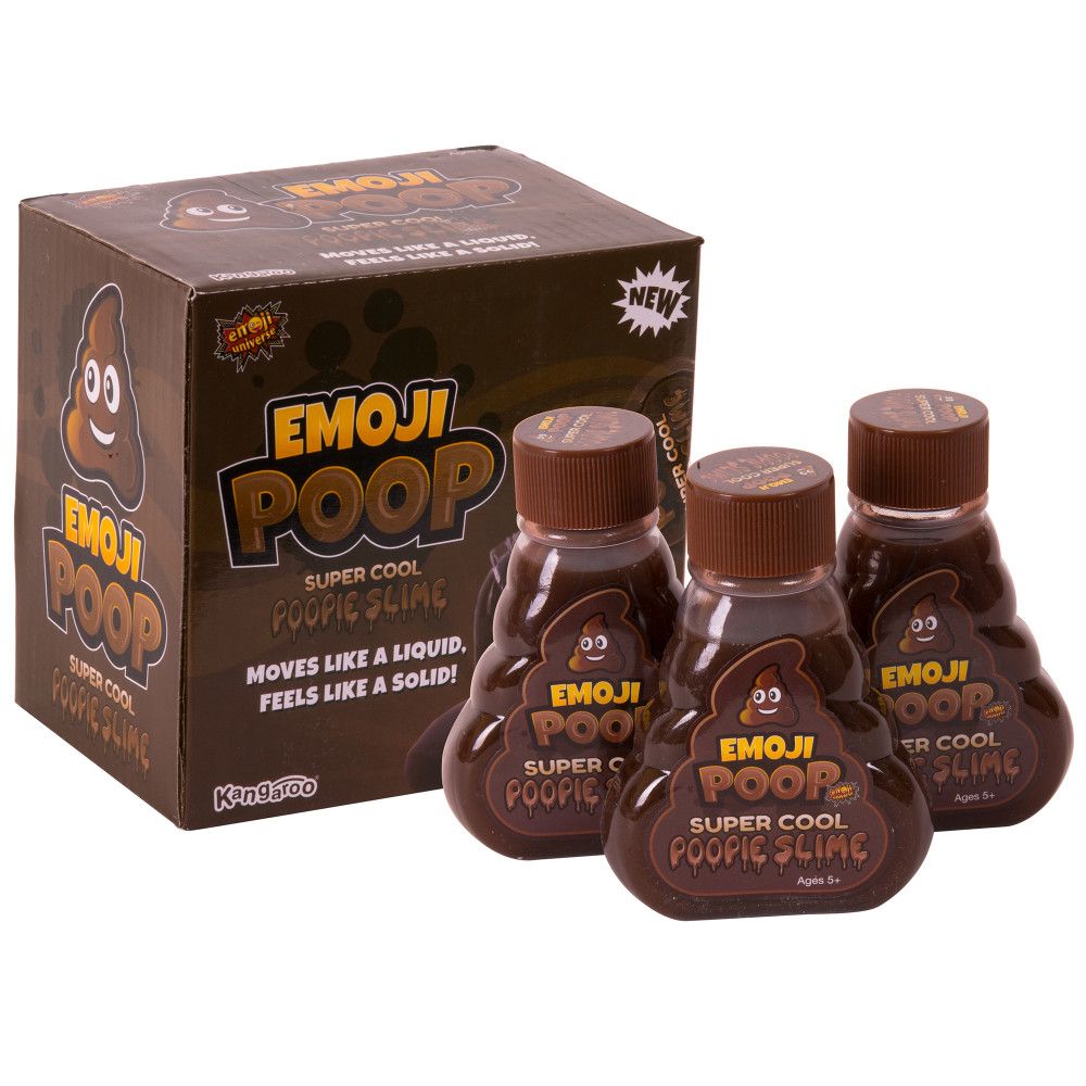 Emoji Poop Super Cool slime pack with brown box and three poop-themed slime bottles, ages 5+