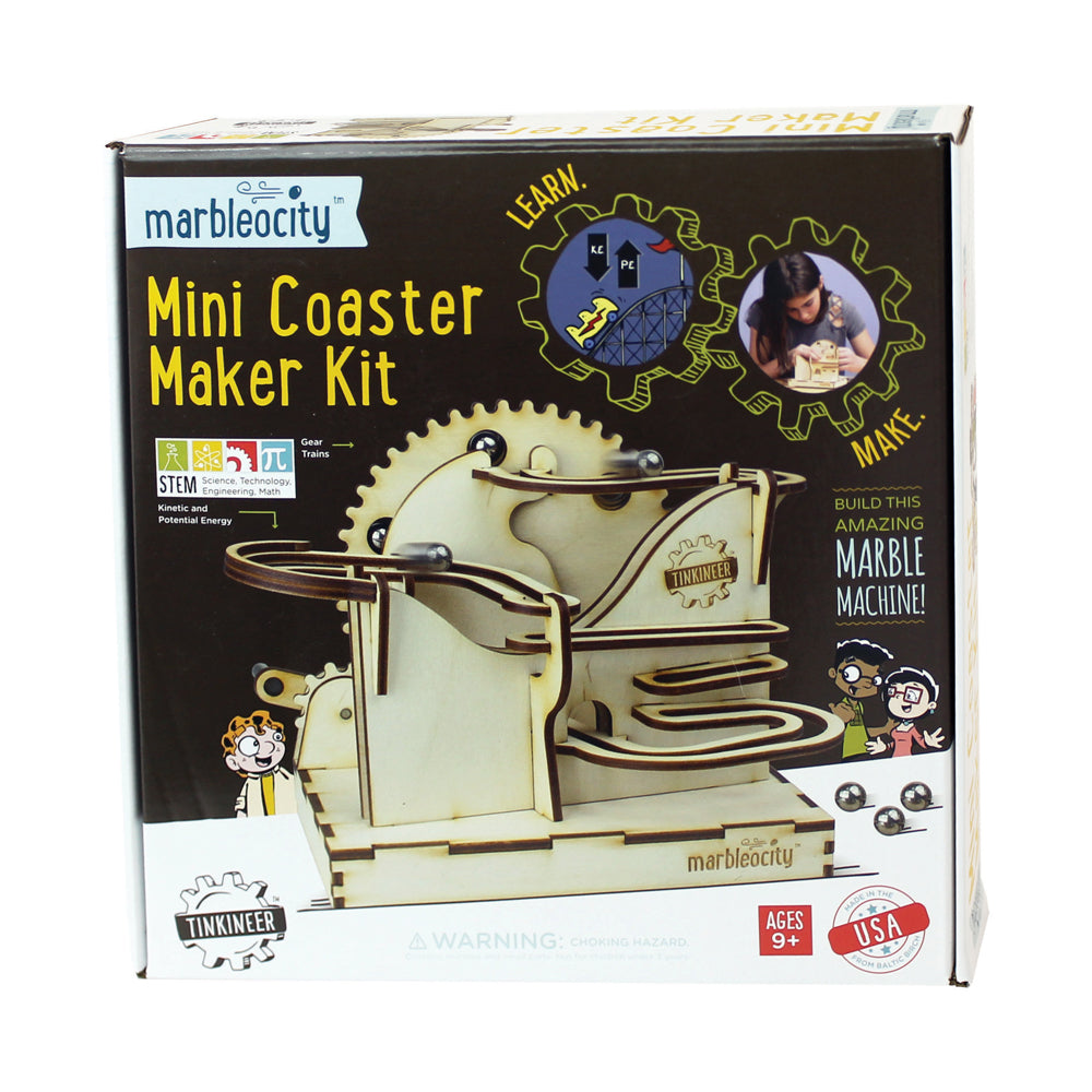 Marbleocity Mini Coaster Maker Kit box showing wooden gear and track marble machine assembly with learn, make, build messaging