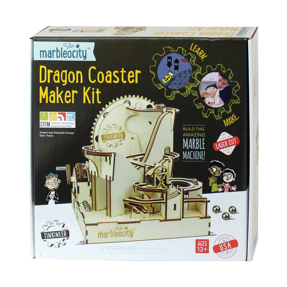 Marbleocity Dragon Coaster Maker Kit box showing laser-cut wooden STEM building set with marble machine track system, ages 12+