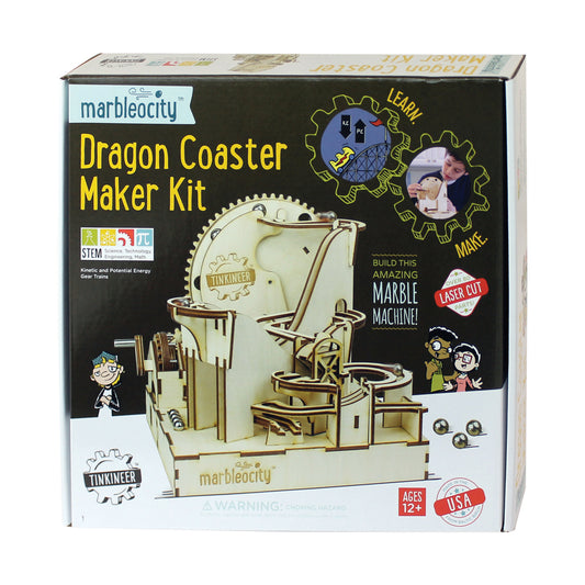 Marbleocity Dragon Coaster Maker Kit box showing laser-cut wooden STEM building set with marble machine track system, ages 12+