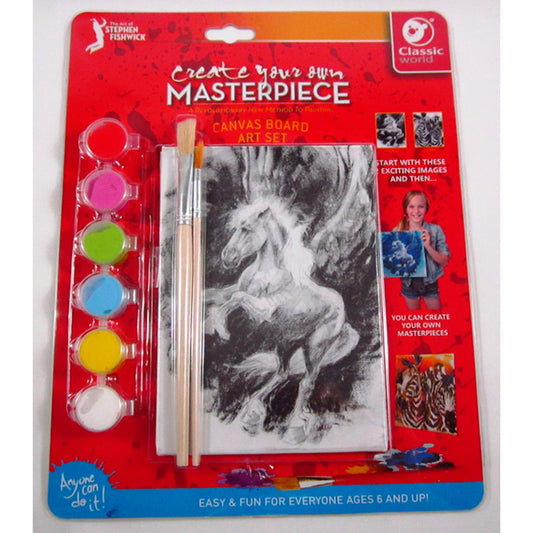 Create Your Own Masterpiece Canvas Board Art Set by Classic World, featuring six paint colors, brushes, and a pre-printed black and white horse drawing on canva