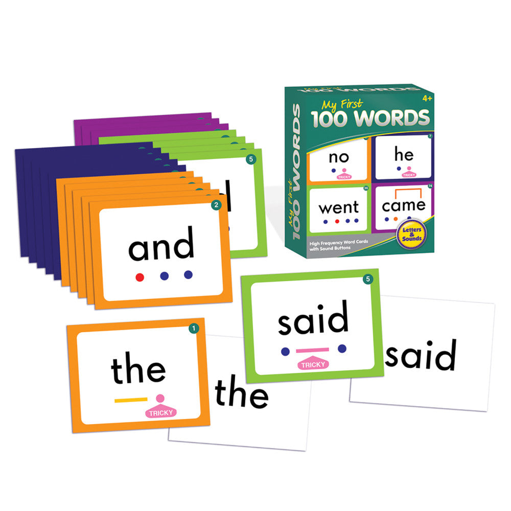 My First 100 Words learning card set showing colorful word cards with high-frequency words like 'and', 'the', 'said', 'no', 'he', 'went', 'came' with sound butt