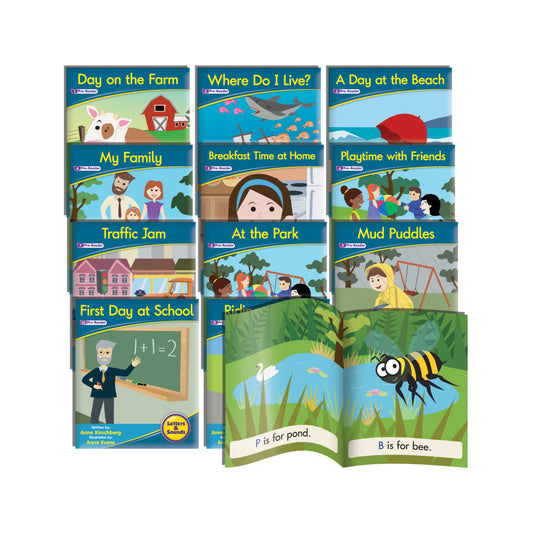 Set of 10 phonemic awareness reader books with illustrated covers featuring scenes like farm animals, beach, family, and school; includes open book showing pond