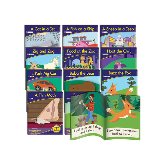12-piece phonics reader book set with illustrated covers including titles like A Cat in a Jet, A Fish on a Ship, A Sheep in a Jeep, and others; open book showin