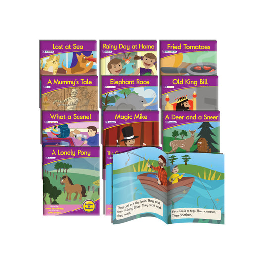 Vowel Sounds Readers collection showing 10 purple-bordered children's books arranged in a grid with one open book displaying text and illustration of children f