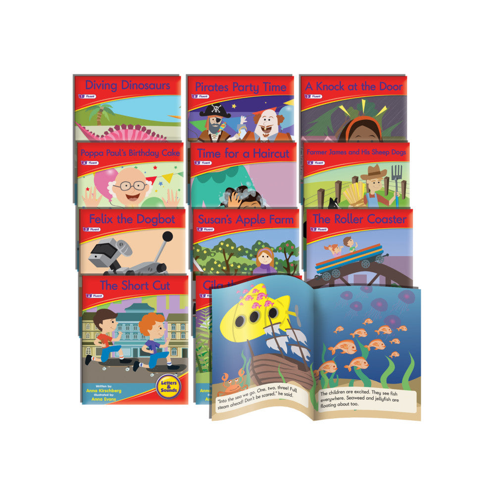 12-book set of colorful decodable readers including titles like Diving Dinosaurs, Pirates Party Time, A Knock at the Door, and The Short Cut, with an open book