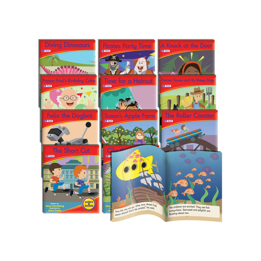 12-book set of colorful decodable readers including titles like Diving Dinosaurs, Pirates Party Time, A Knock at the Door, and The Short Cut, with an open book