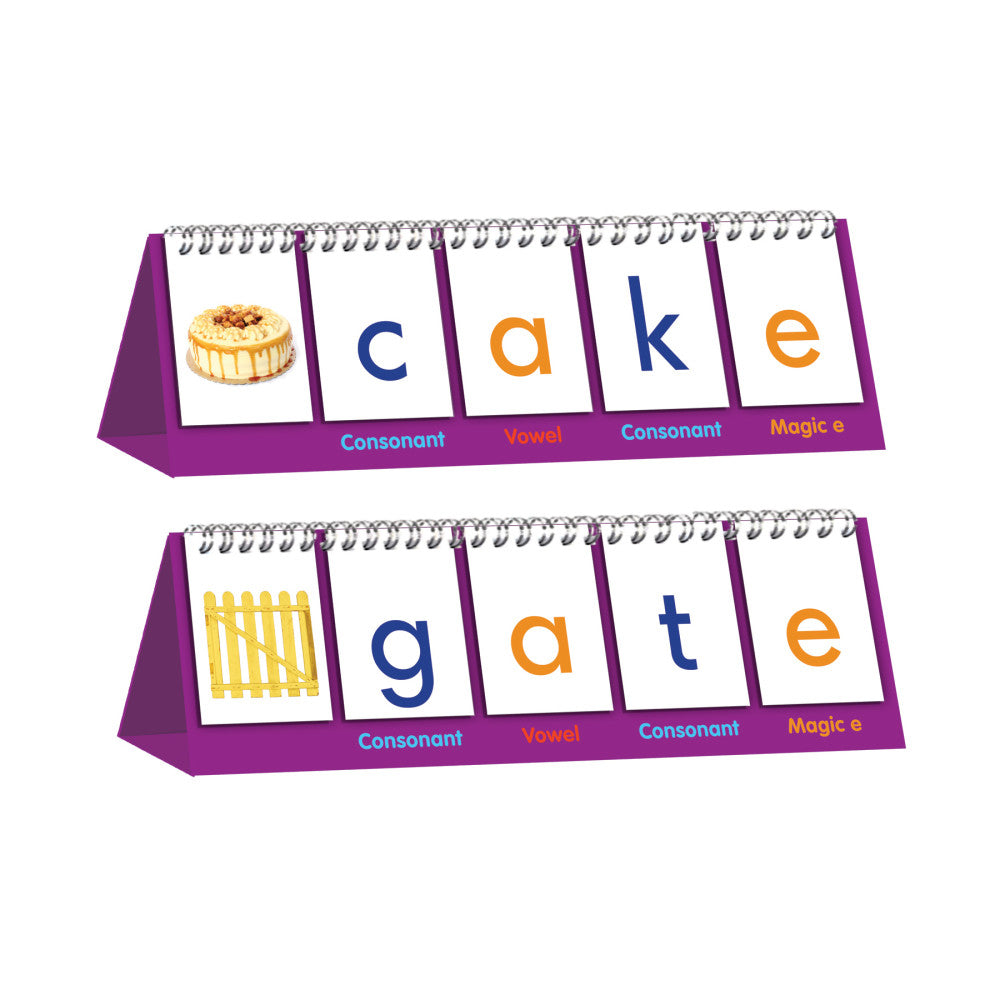 Purple tabletop flip chart learning toy showing word-building examples 'cake' and 'gate' with colorful letter cards and consonant/vowel/magic e labels
