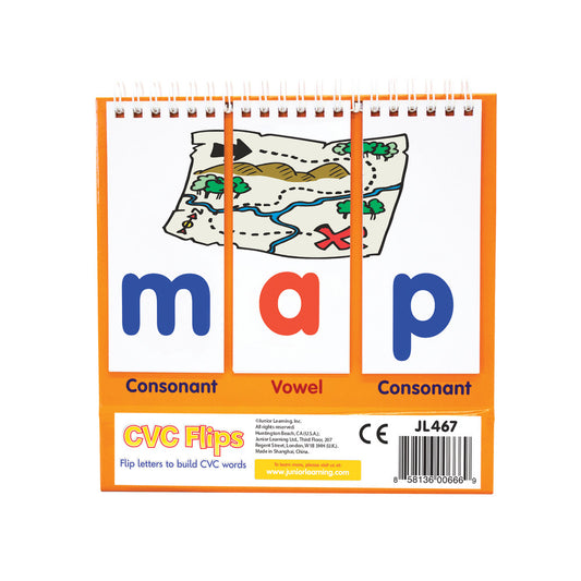 CVC Flips learning toy with spiral binding and orange frame showing flippable letter cards displaying 'm', 'a', 'p' with map illustration and consonant-vowel-co