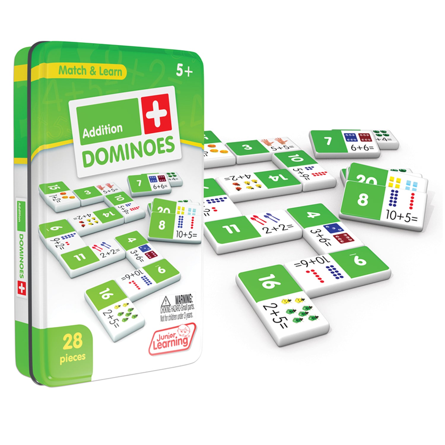 Addition Dominoes 28-piece math game in green tin with colorful number and equation tiles for learning