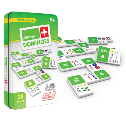 Addition Dominoes 28-piece math game in green tin with colorful number and equation tiles for learning