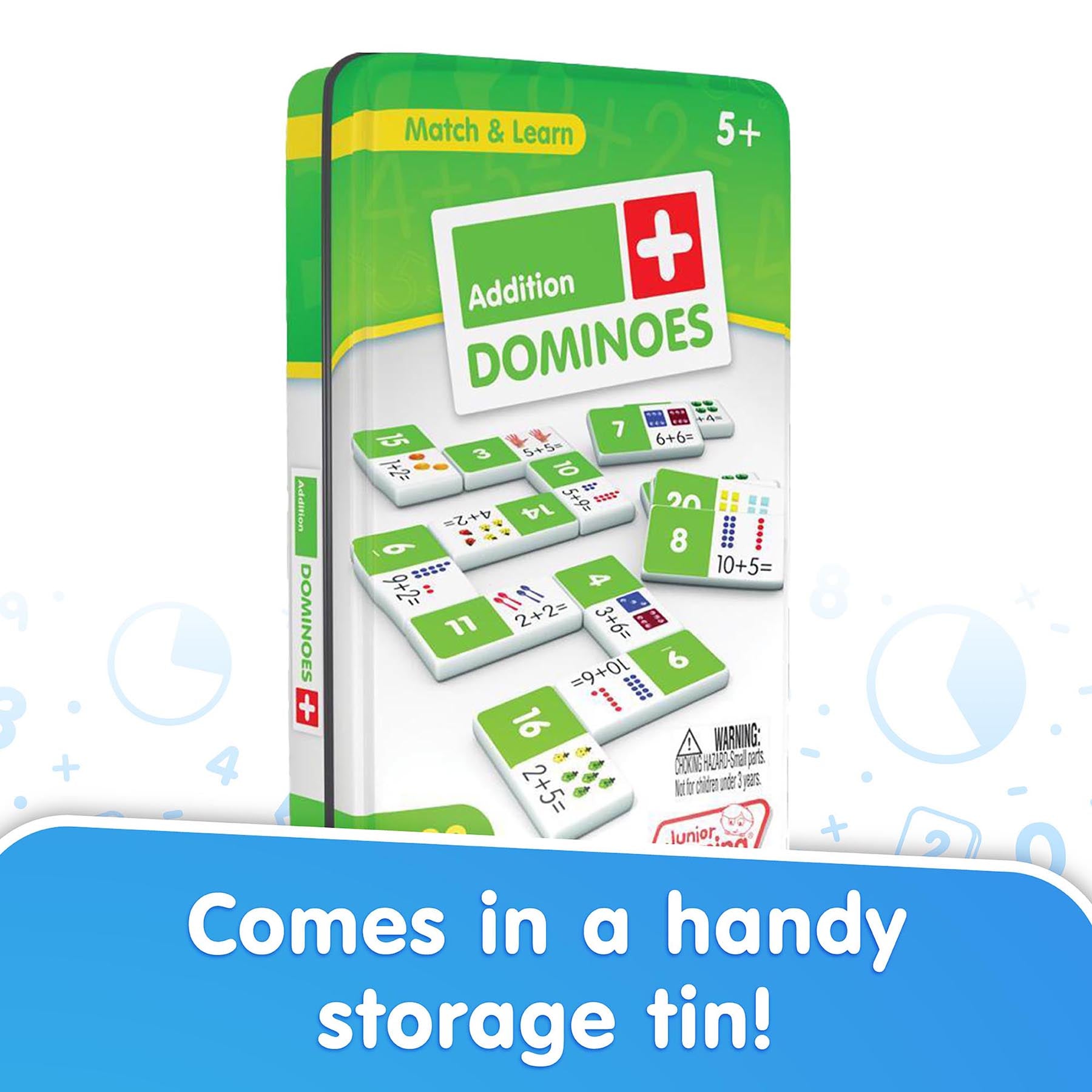 Addition Dominoes 28-Piece Math Game in green storage tin for ages 5+