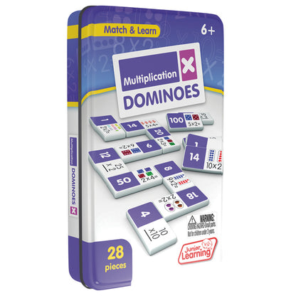 Junior Learning Multiplication Dominoes 28-piece set in purple tin, educational math game for ages 6+