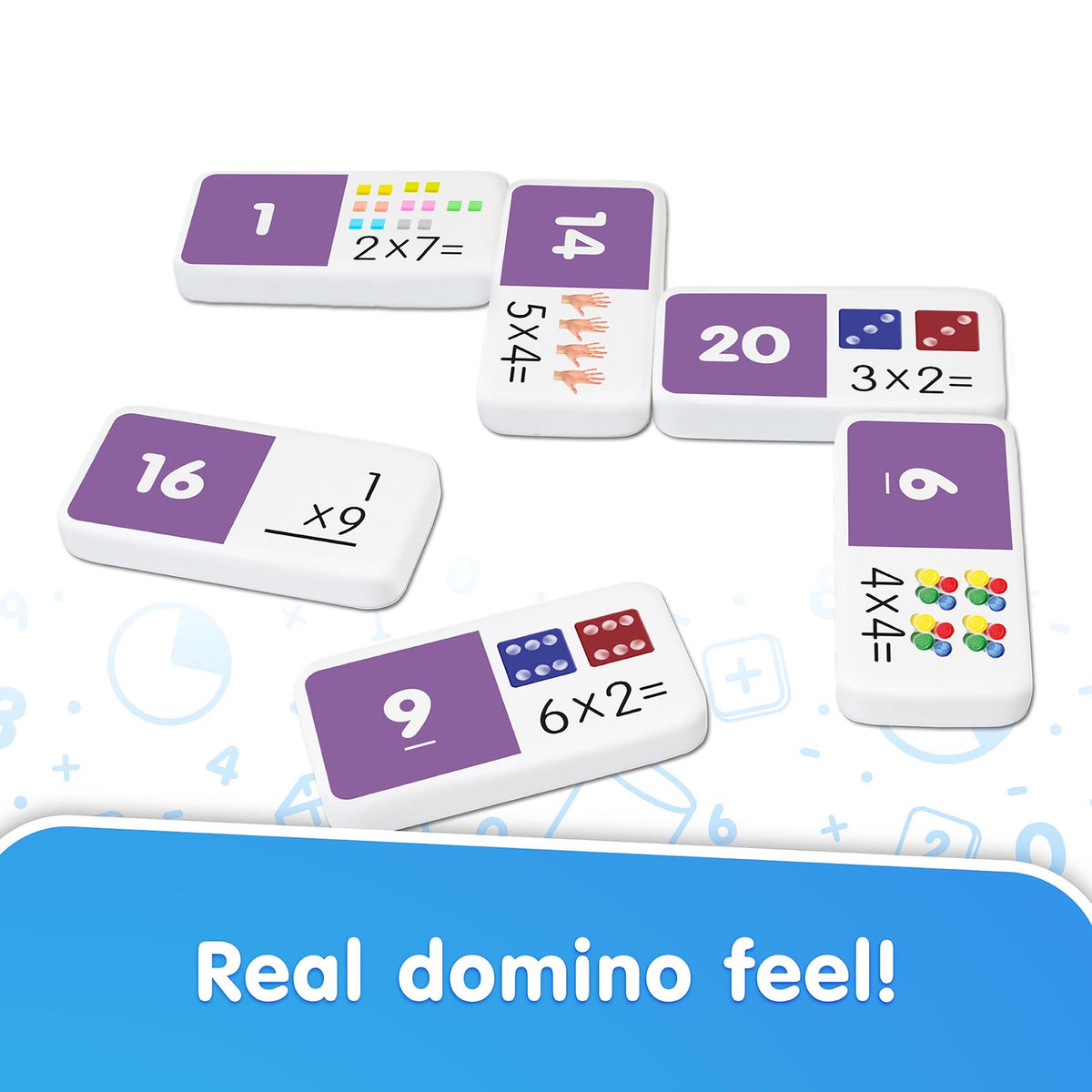 Junior Learning Multiplication Dominoes 28-Piece Set with purple tiles, colorful dot patterns, and math equations