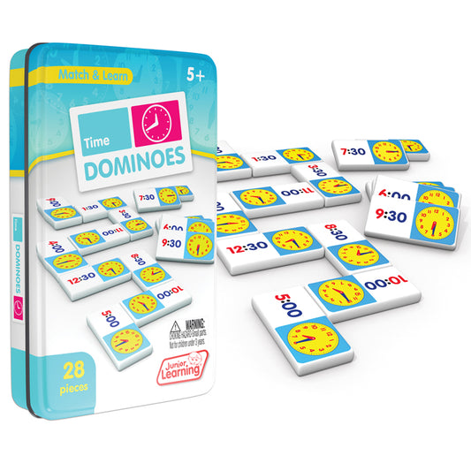 Junior Learning Time Dominoes 28-piece clock matching game with yellow clocks and blue tiles in tin box