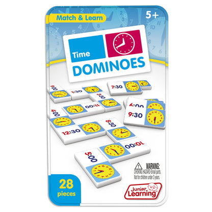Junior Learning Time Dominoes 28-piece matching game with yellow clocks and time displays for children ages 5+