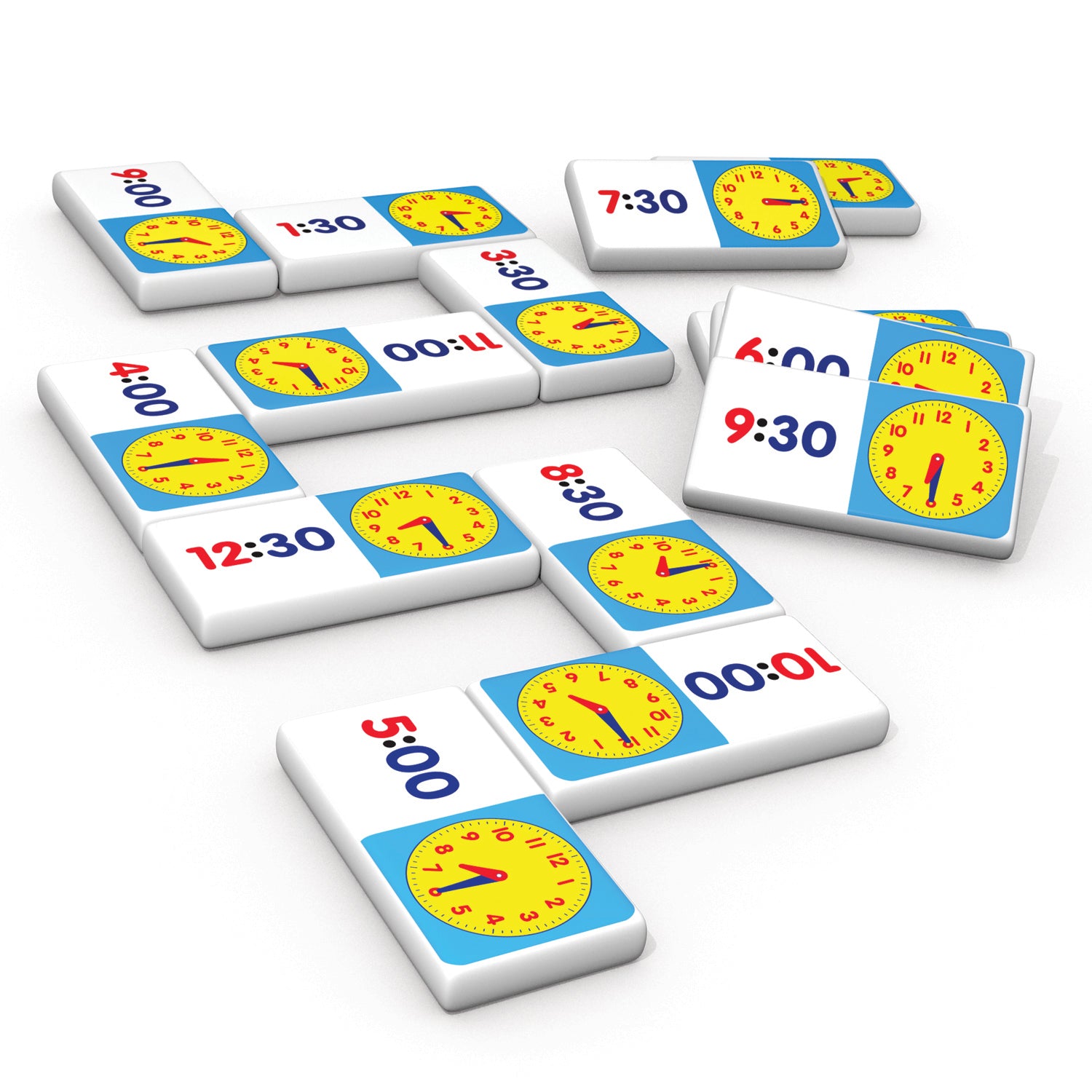 Junior Learning Time Dominoes 28-piece matching game with yellow clocks and digital time displays