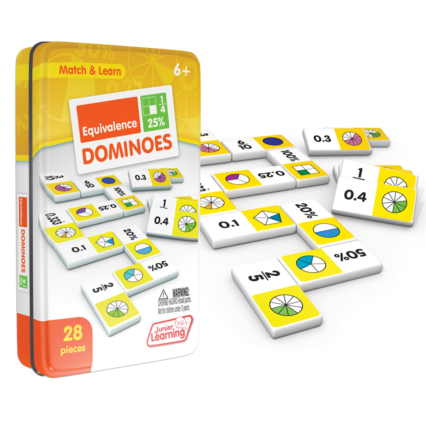 Junior Learning Equivalence Dominoes 28-piece matching game in yellow tin, teaching fractions and percentages