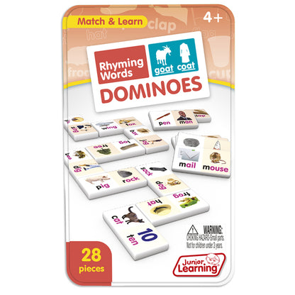 Rhyming Words Dominoes 28-piece game set by Junior Learning, featuring colorful tiles with rhyming word pairs and ima...