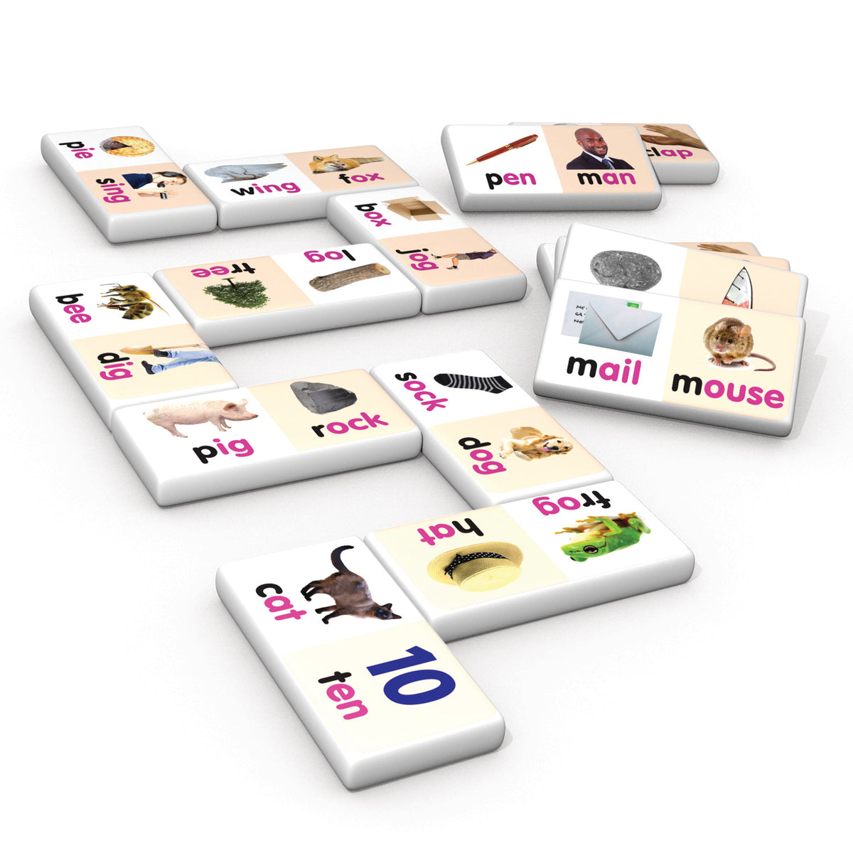 Rhyming Words Dominoes 28-piece game set with colorful tiles featuring matching word and image pairs