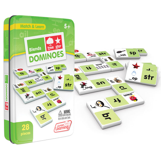Blends Dominoes 28-piece phonics matching game in green tin by Tree Star Junior Learning
