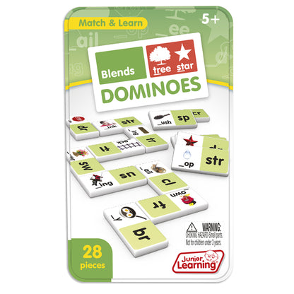 Blends Dominoes 28-piece phonics matching game with green and white tiles featuring letter combinations and pictures