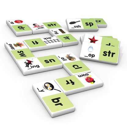 Blends Dominoes 28-Piece Phonics Matching Game with green and white tiles featuring letter blends and picture clues
