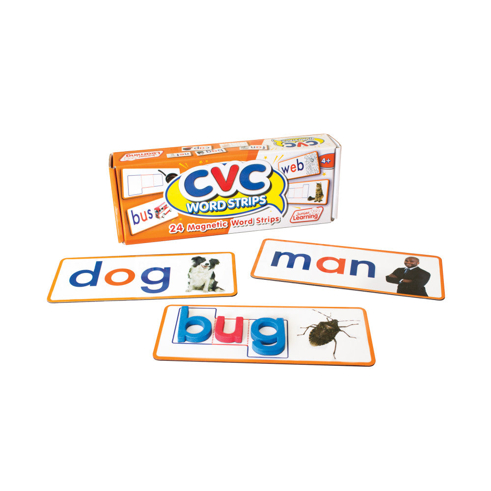 CVC Word Strips magnetic learning set with orange box and three word cards displaying dog, man, and bug with matching images