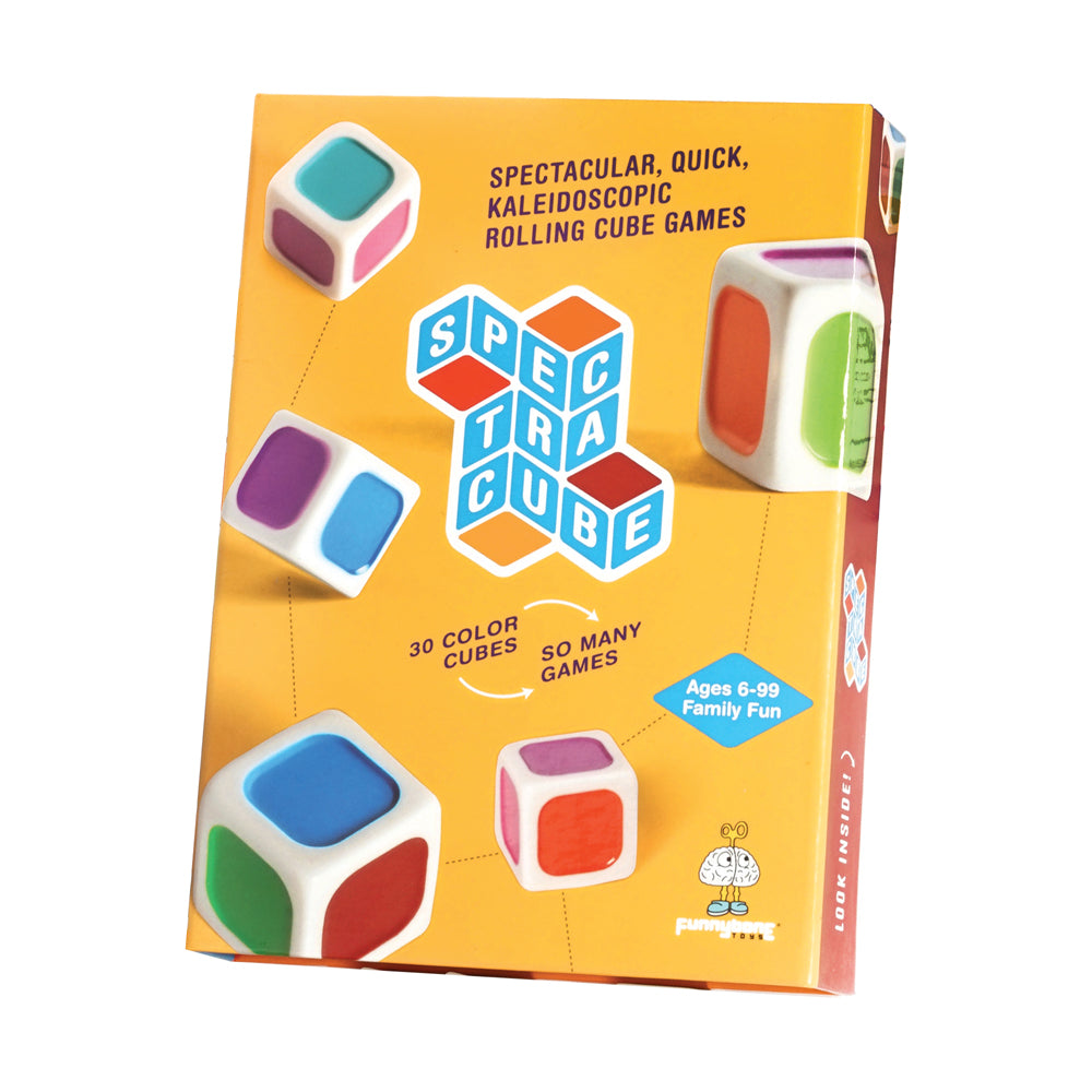Spectracube rolling cube game box featuring colorful dice with blue, green, red, pink, and purple faces on yellow background