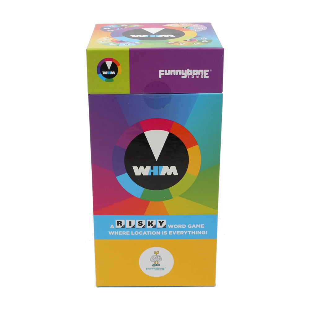 Whim Family Board Game box by Funnybone Toys featuring colorful rainbow wheel design and blue band reading 'A Risky Word Game Where Location is Everything'