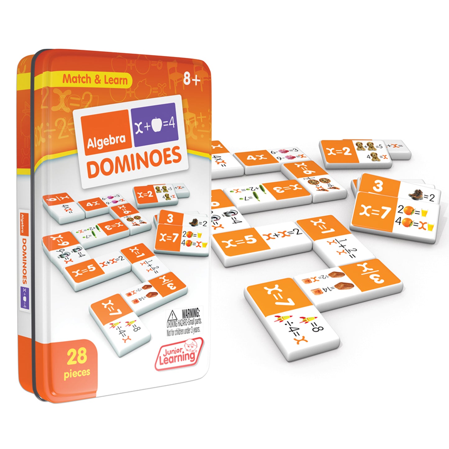 Junior Learning Algebra Dominoes 28-piece matching game with orange and white tiles featuring equations
