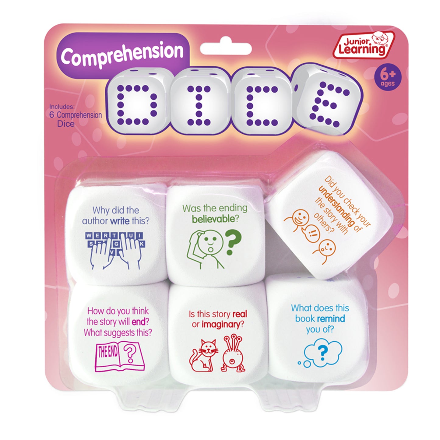 Junior Learning Comprehension Dice Reading Game, 6-piece set with purple and white dice for ages 6+