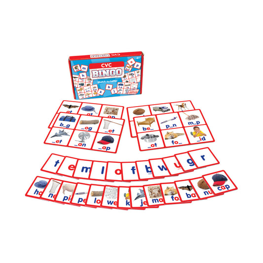 CVC Bingo Junior Learning Game box with matching game cards displaying letter combinations and picture tiles with red borders arranged on white background