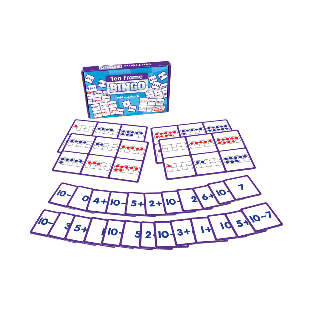 Ten Frame Bingo game box with purple-framed bingo cards showing dot patterns and number cards with addition equations displayed on white background