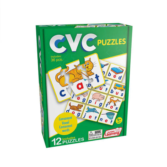 Junior Learning CVC Puzzles box showing 12 puzzle games with letter tiles, cat illustration, and words like cat, bed, pig, and fox on green packaging