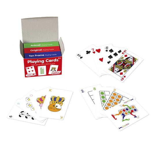 Playing Cards 4+ box with four stacks of colorful educational cards displayed, including animal cards, original playing cards, ten frame cards, and learning gam