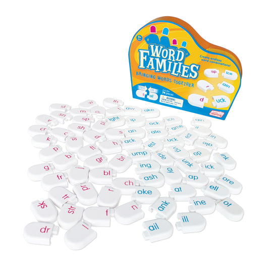 Word Families learning game with 74 white tiles showing letter combinations in pink and blue text, displayed with col...