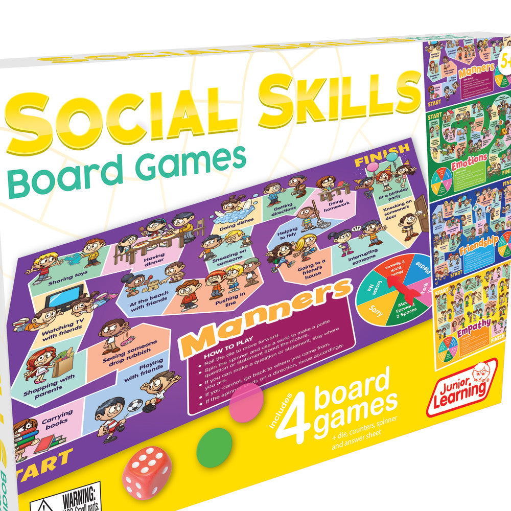 Junior Learning Social Skills 4-in-1 Board Game Set box showing four educational board games with cartoon children illustrating social skills like sharing, mann