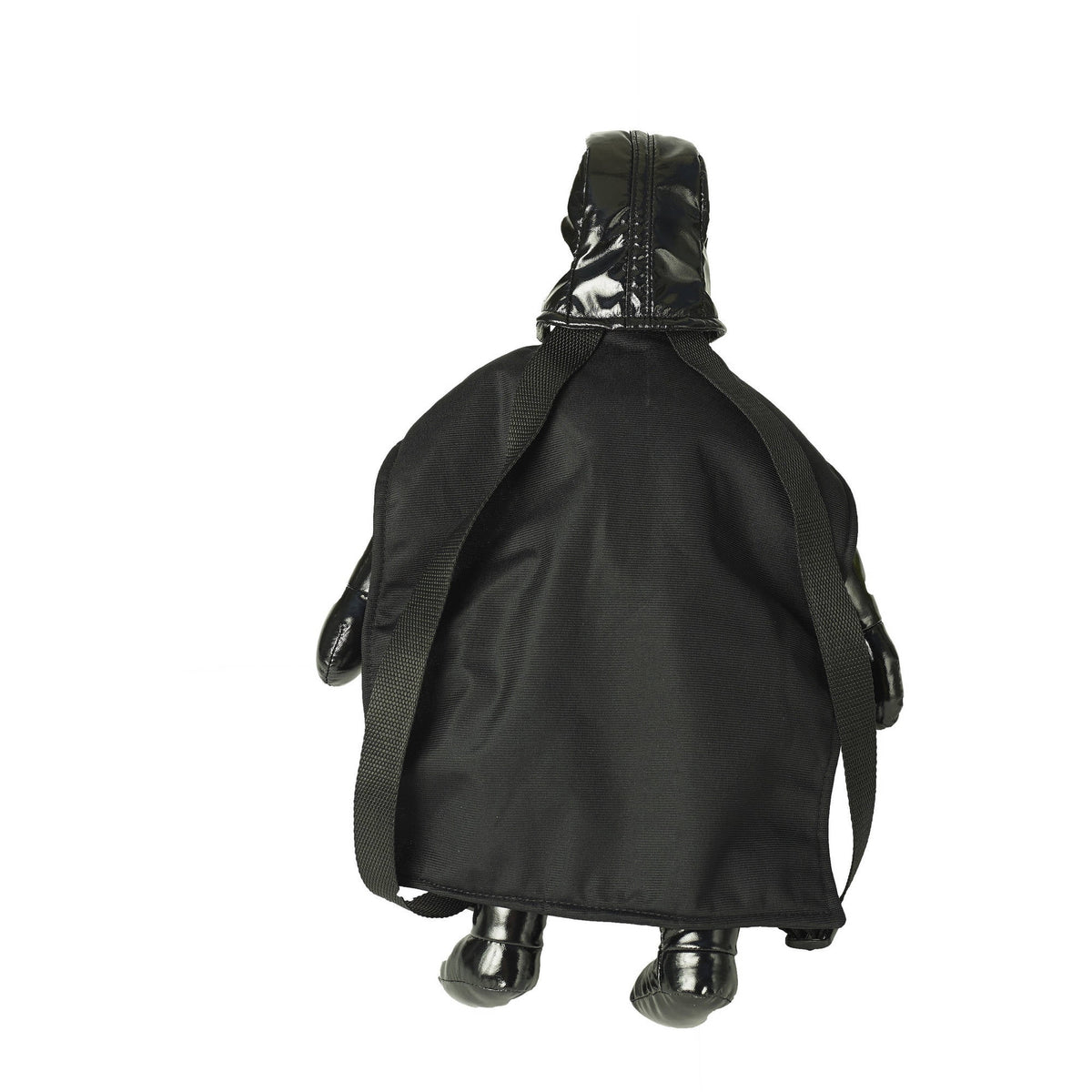Star Wars Darth Vader plush backpack with black cape, glossy helmet, and shoulder straps, shown from back view