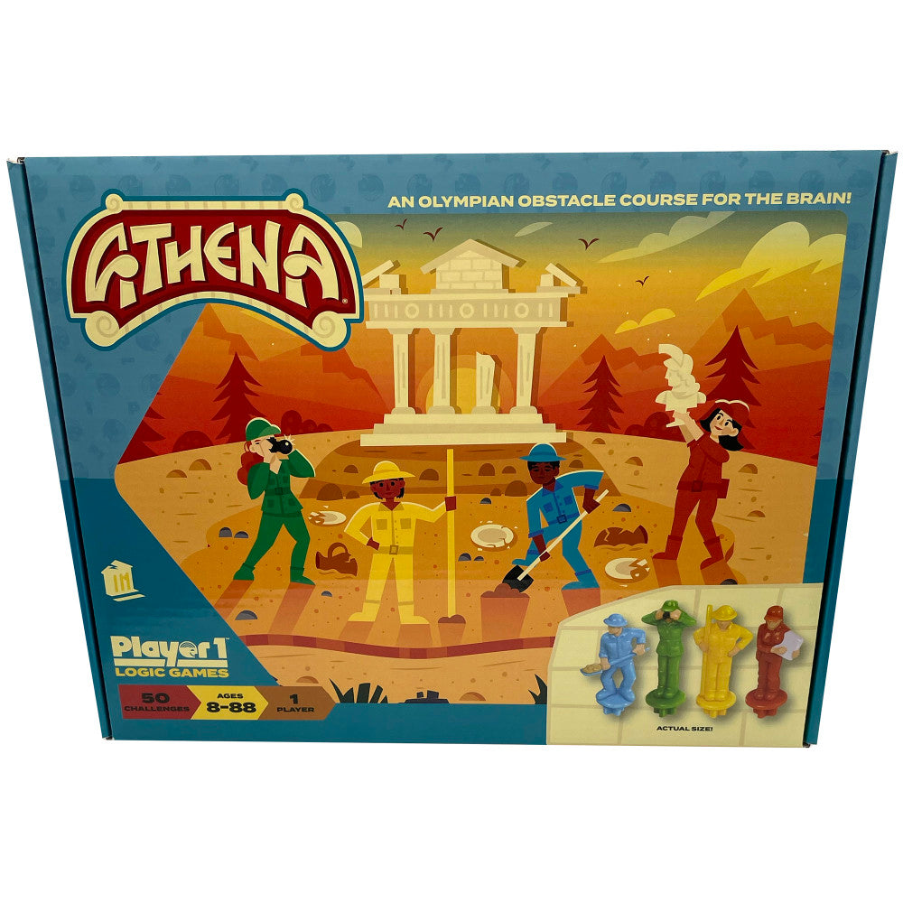 Athena Single Player Logic Puzzle Game box showing ancient Greek temple setting with illustrated characters in colored outfits solving puzzles, includes four ga