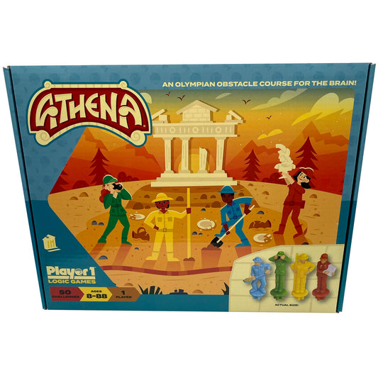 Athena Single Player Logic Puzzle Game box showing ancient Greek temple setting with illustrated characters in colored outfits solving puzzles, includes four ga