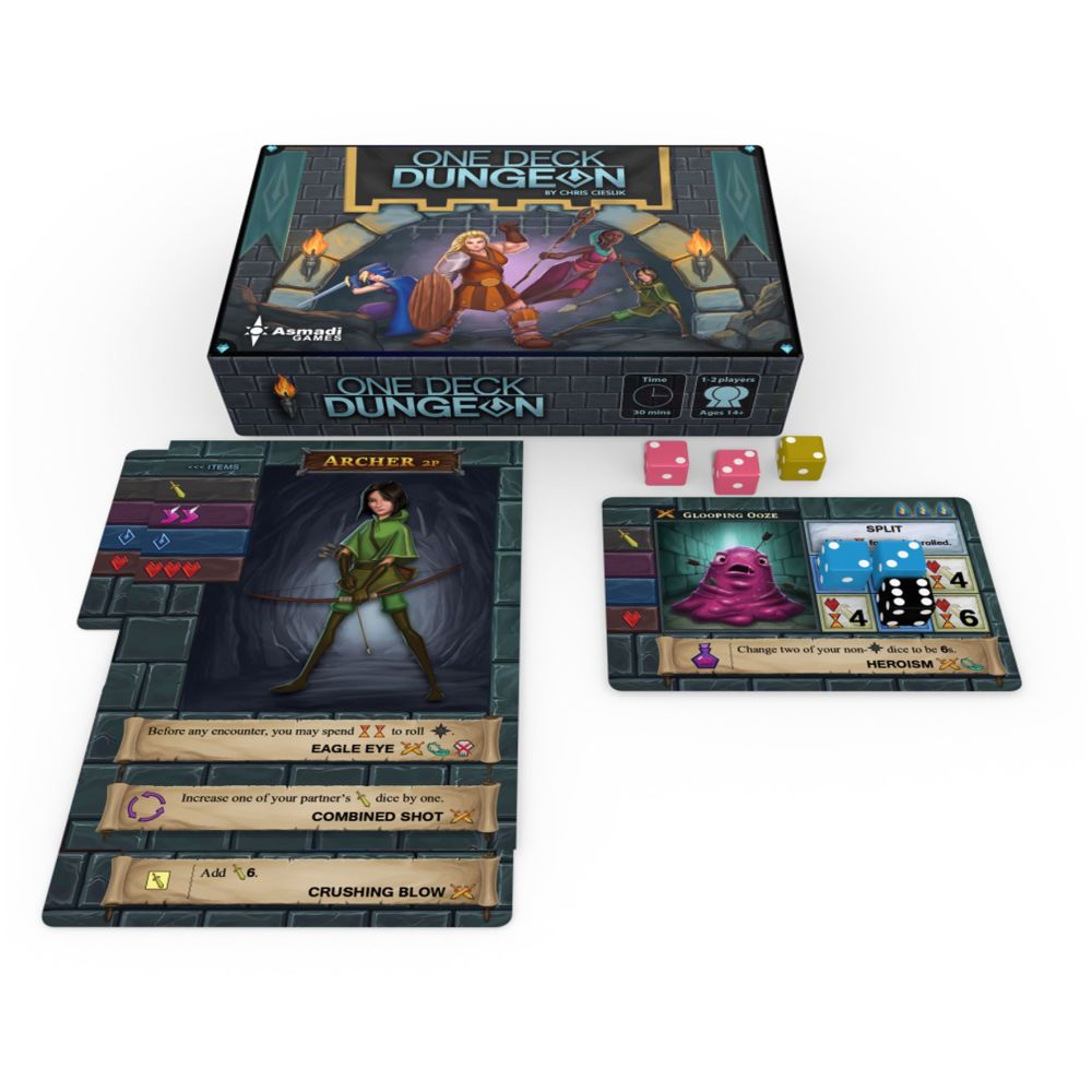One Deck Dungeon board game box with game board showing archer character card, ability cards labeled Eagle Eye, Combined Shot, and Crushing Blow, pink and yello