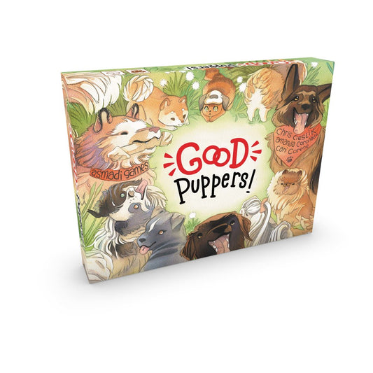 Good Puppers Strategic Children's Card Game box featuring illustrated dogs and puppies surrounded by green foliage