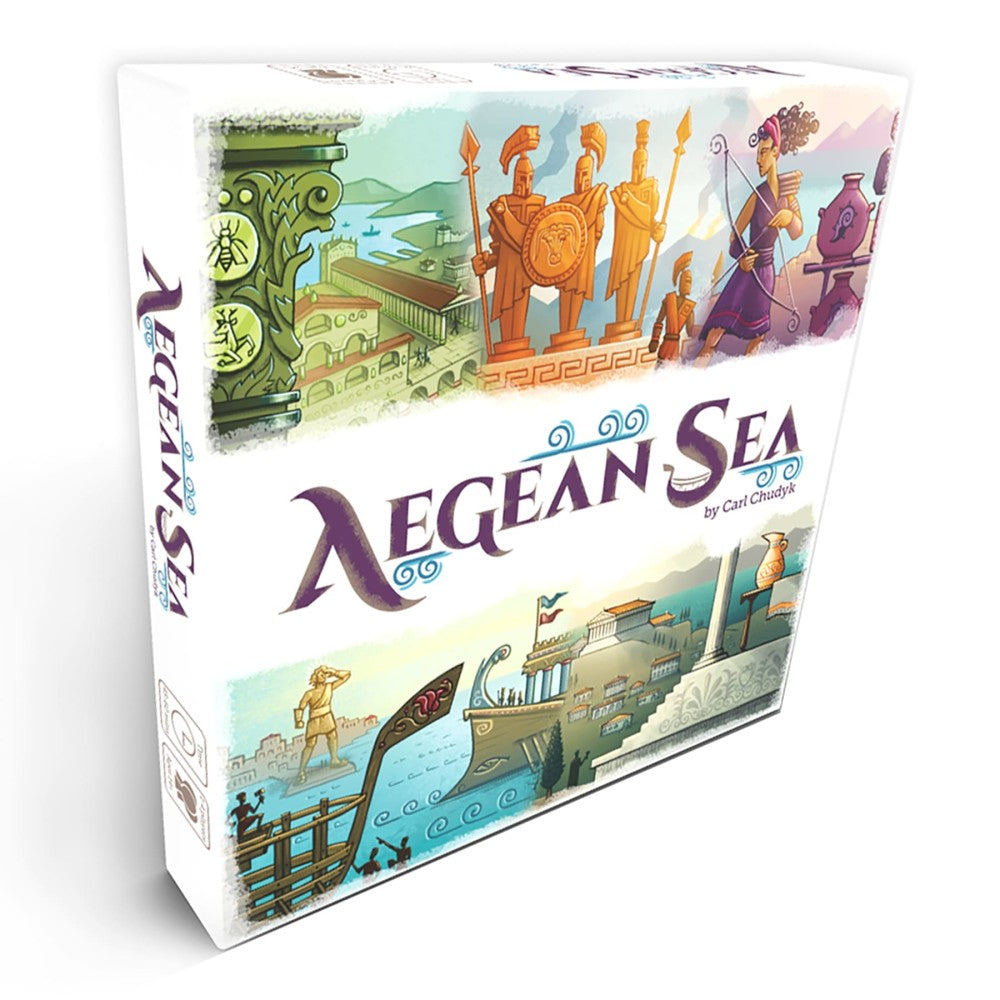 Aegean Sea board game box by Carl Chudyk, featuring illustrated ancient Greek scenes with statues, ships, and coastal architecture in watercolor style