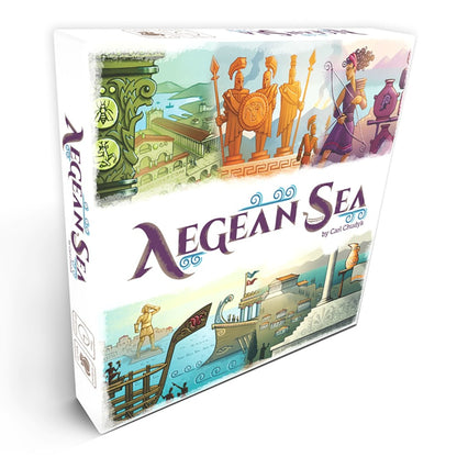 Aegean Sea board game box by Carl Chudyk, featuring illustrated ancient Greek scenes with statues, ships, and coastal architecture in watercolor style