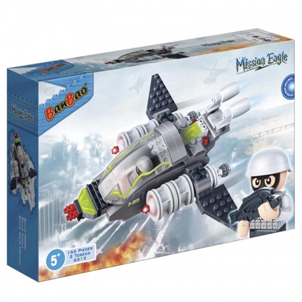 BanBao Mission Eagle Combat Fighter Building Set box showing assembled gray and neon-yellow aircraft with black wings, red weapons, and minifigure pilot on clou
