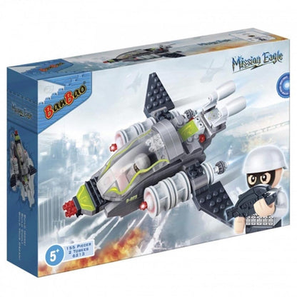 BanBao Mission Eagle Combat Fighter Building Set box showing assembled gray and neon-yellow aircraft with black wings, red weapons, and minifigure pilot on clou