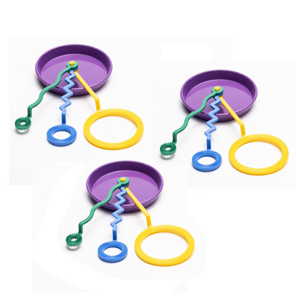 Three bubble wand sets, each with purple pan, colorful curved wands in green, blue, and yellow, and textured rings in blue and yellow