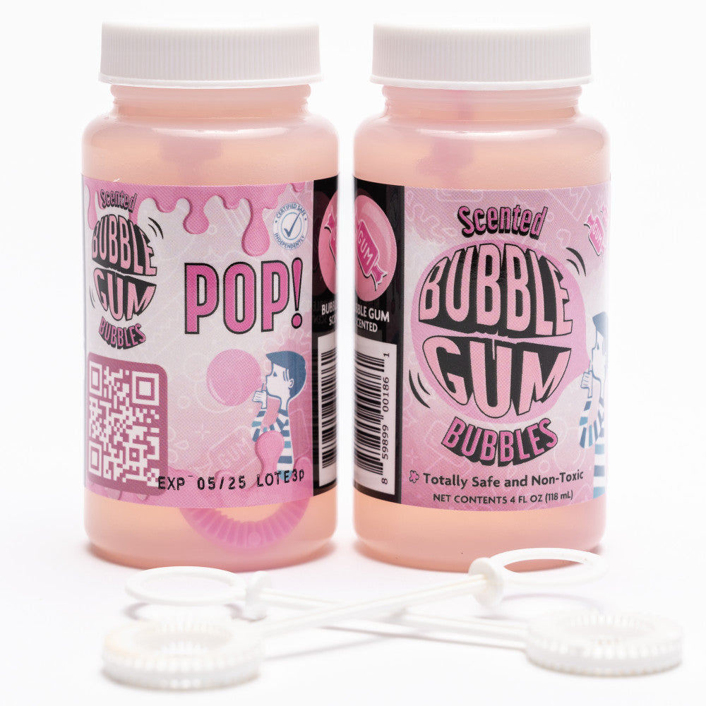 Two pink bottles of scented bubble gum bubbles with white caps and plastic bubble wands, 4 fl oz each