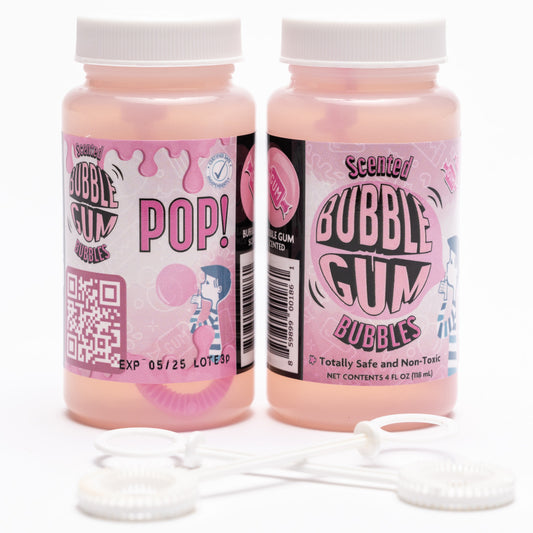 Two pink bottles of scented bubble gum bubbles with white caps and plastic bubble wands, 4 fl oz each